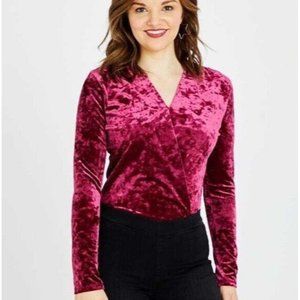 Altar'd State Bodysuit Adrienne Velvet Red V Neck Long Sleeve Sheer